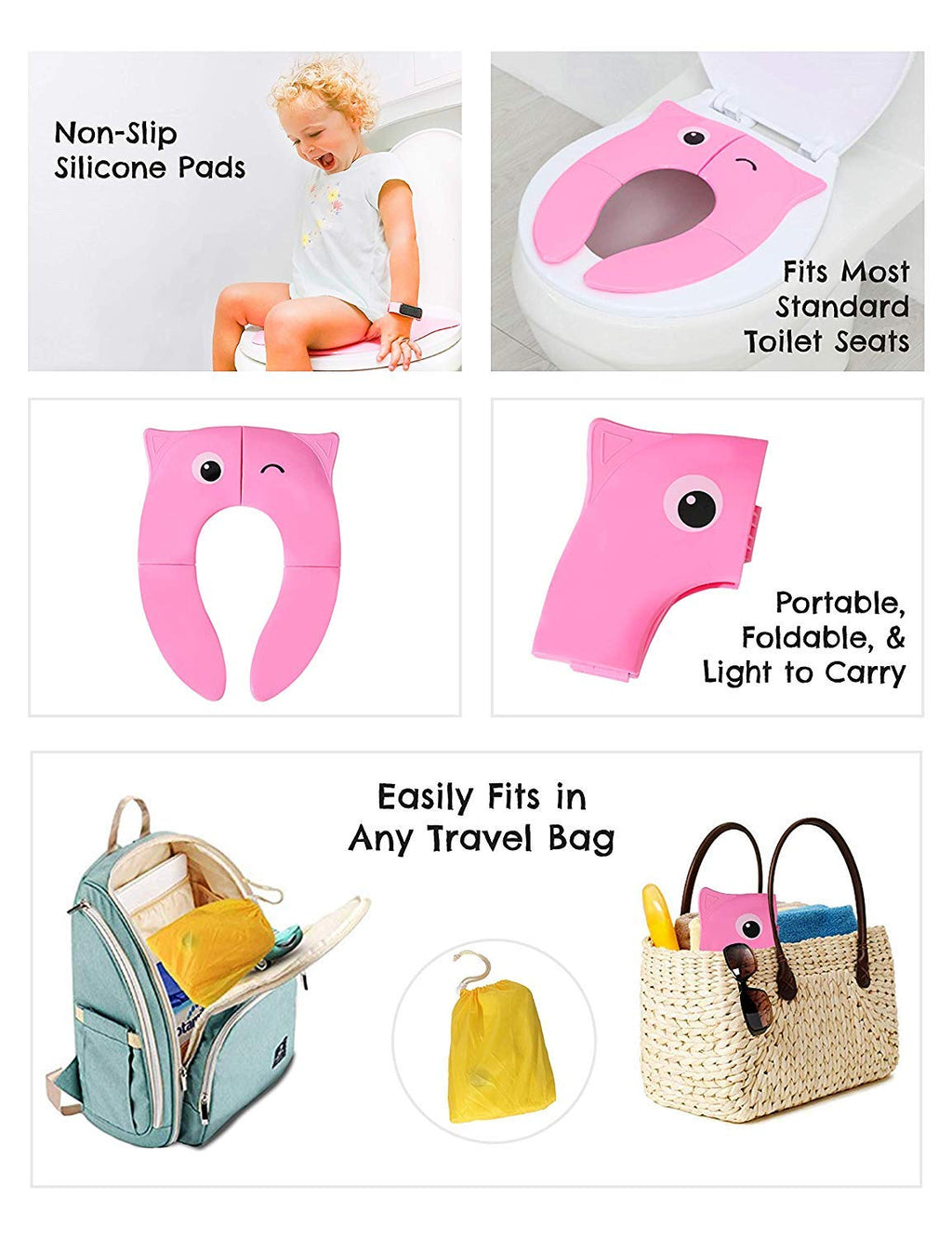 POKANIC Toilet Potty Training Seat Cover, Travel Toilet Seat, Folding Non Slip Silicone Pads, Travel Portable Reusable Kids Toddlers Boys Girls, Carry Bag