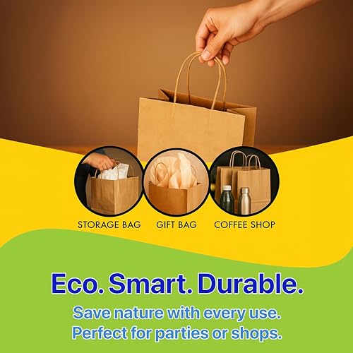 Pokanic Brown Kraft Paper Lunch Bags with Handles – [ Bags] x [ Inch] Reusable & Recyclable, Strong for Meal Prep, To-Go, Takeout, Parties & Small Business Use