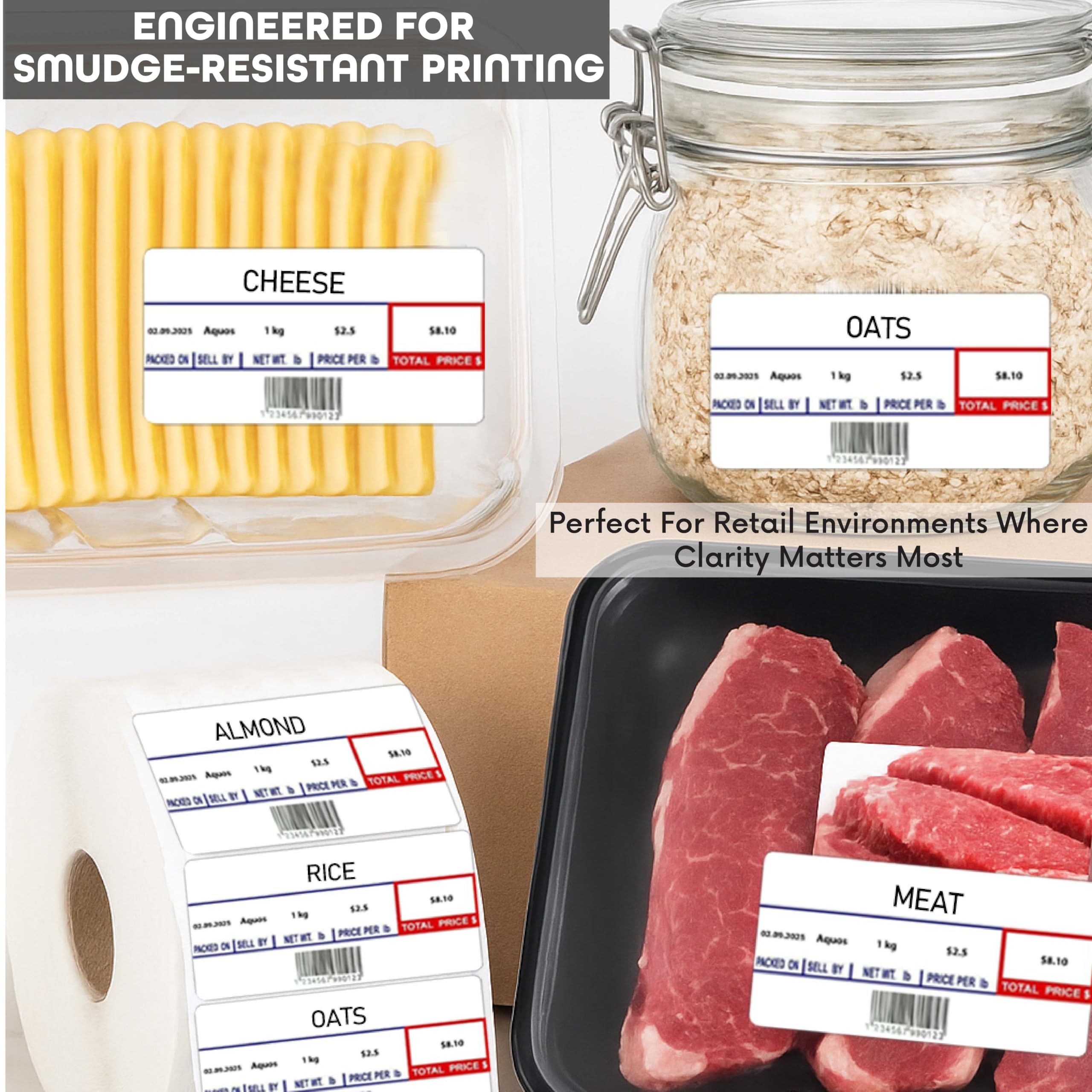Aquos CAS Printing Scale Label Rolls (8060) – Rectangular Blank Thermal Label Rolls | CAS Scale Labels for Grocery Stores, Butcher Shops, Delis & Supermarkets | Made in USA