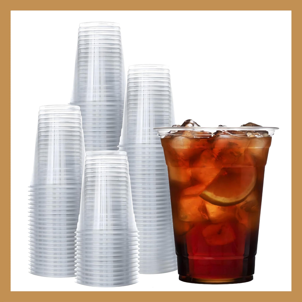 Pokanic Plastic Clear Cups [16 oz] x [25 Cups] Disposable Cold Beverage Drinking Iced Coffee Water Juice Tea Party Travel Cafe Restaurant School Office Home Kitchen
