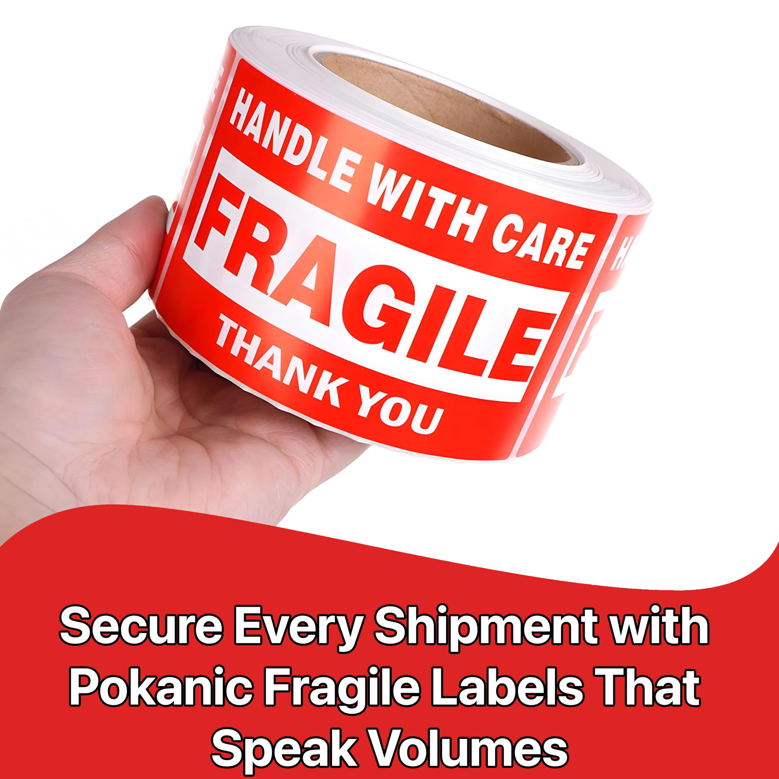 Pokanic Fragile x 500 Stickers Per Roll Handle with Care - Thank You Warning Red Permanent Adhesive Labels for Shipping Moving Packing