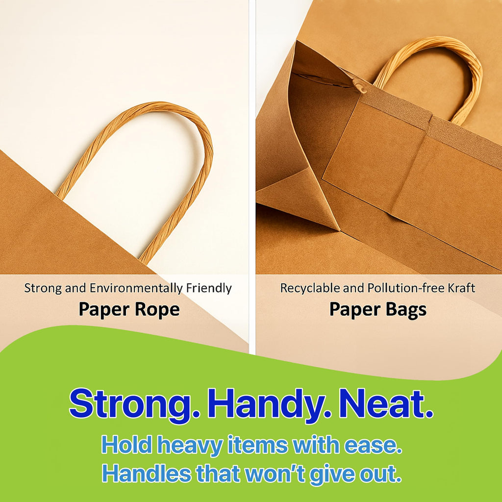 Pokanic Brown Kraft Paper Lunch Bags with Handles – [ Bags] x [ Inch] Reusable & Recyclable, Strong for Meal Prep, To-Go, Takeout, Parties & Small Business Use