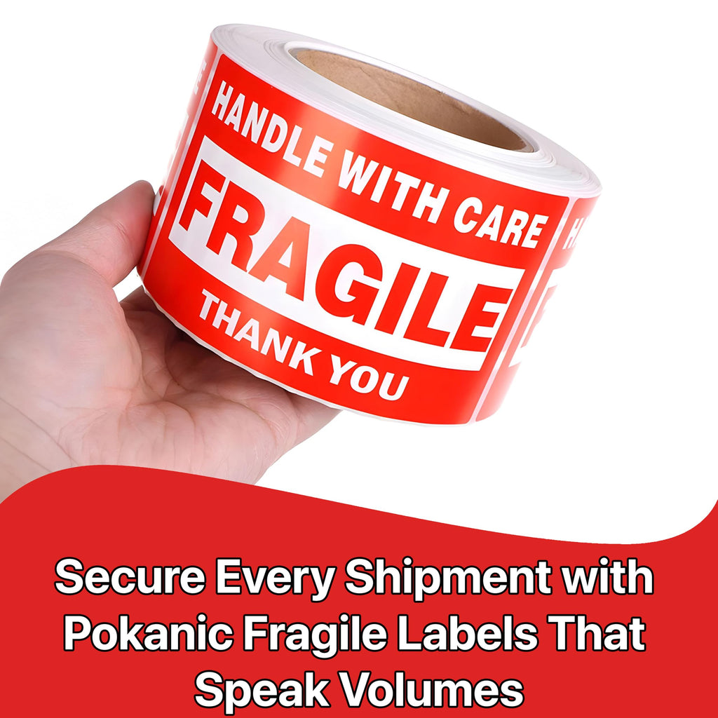 Pokanic Fragile x 500 Stickers Per Roll Handle with Care - Thank You Warning Red Permanent Adhesive Labels for Shipping Moving Packing