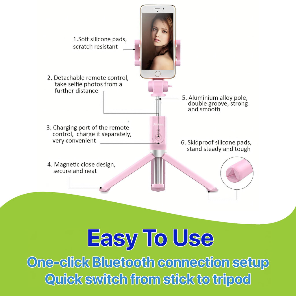 Pokanic Selfie Stick Tripod with Wireless Remote Controller Pouch Extendable Adjustable Stand Mount Light-Weight V-Log Compatible with All Apple iPhone, Samsung Galaxy