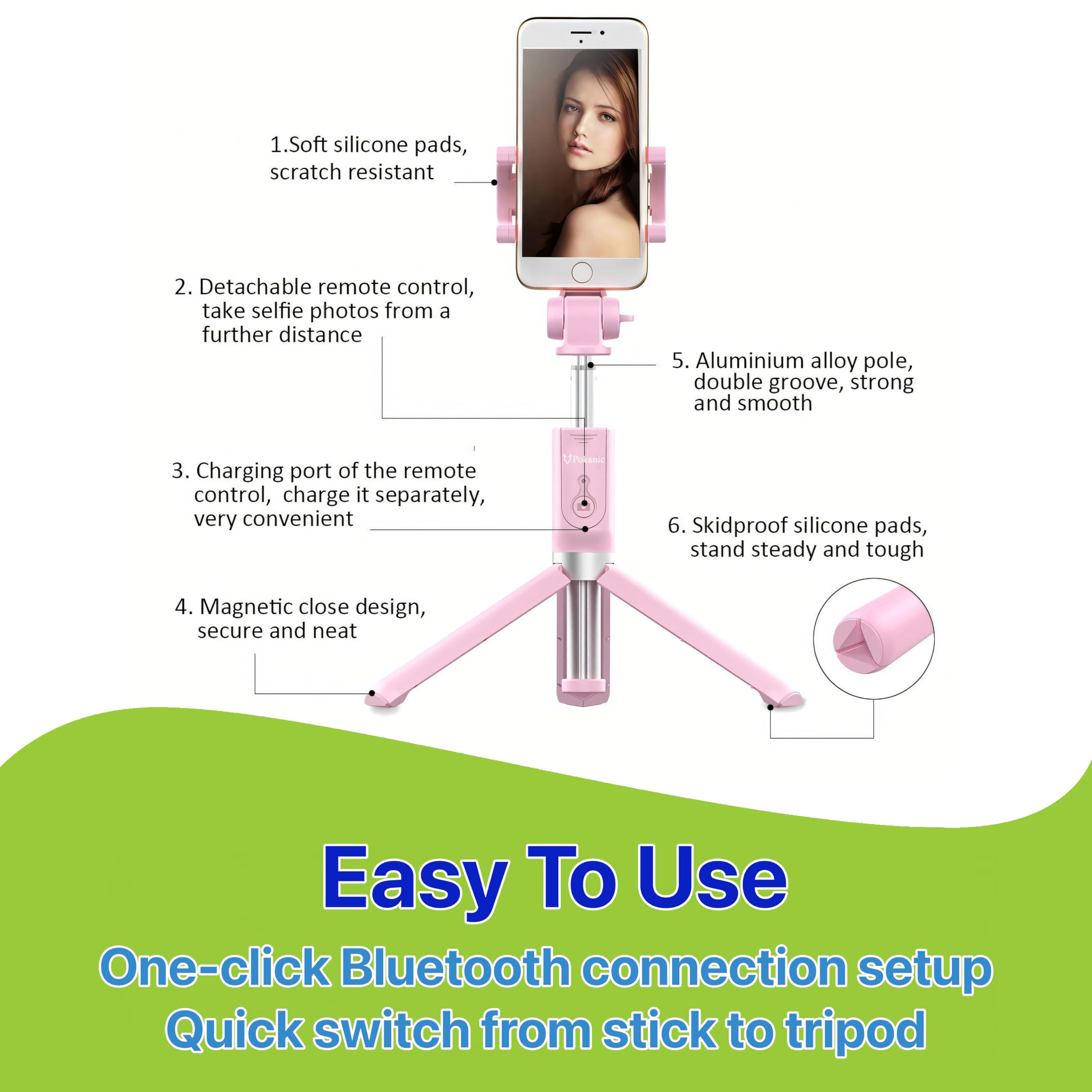 Pokanic Selfie Stick Tripod with Wireless Remote Controller Pouch Extendable Adjustable Stand Mount Light-Weight V-Log Compatible with All Apple iPhone, Samsung Galaxy