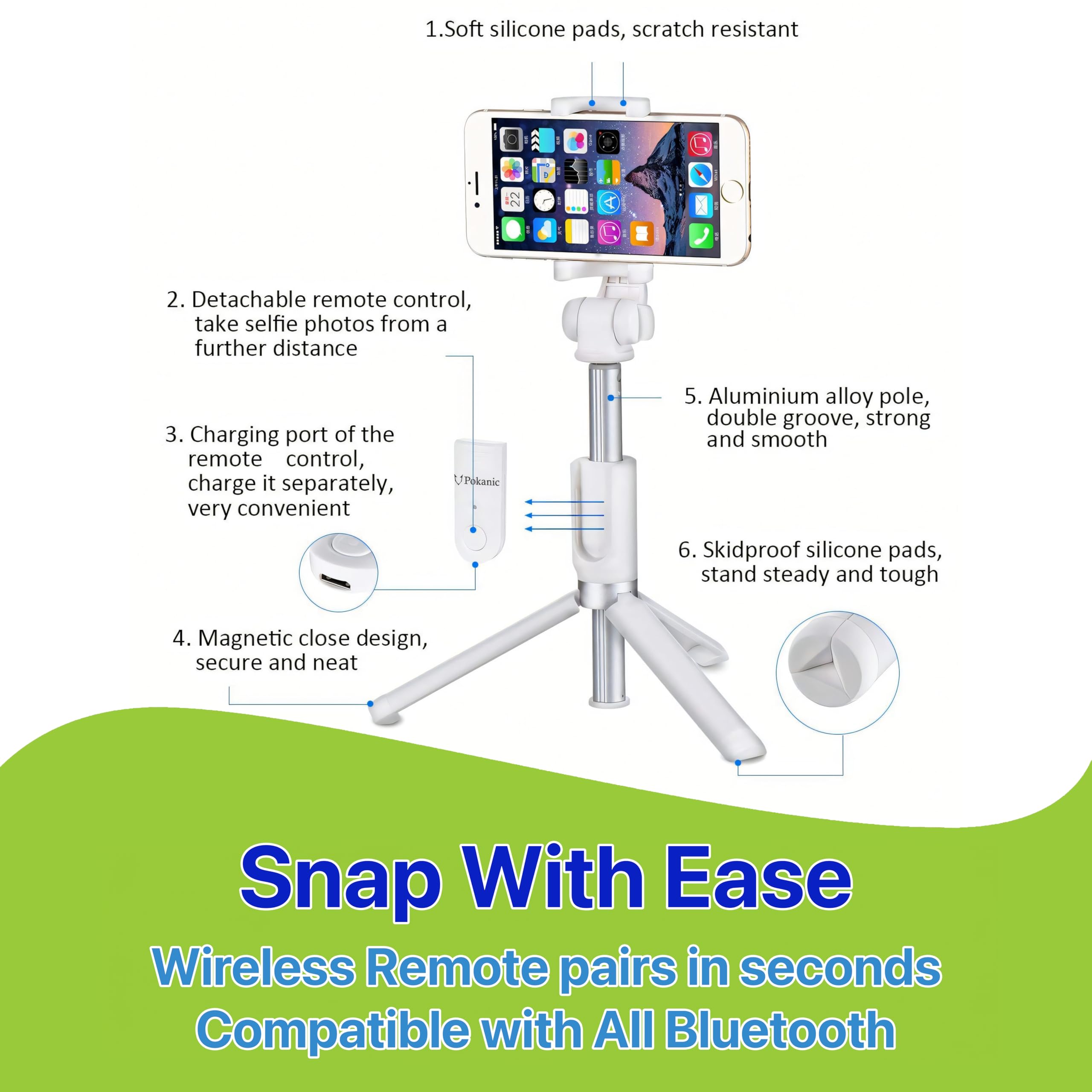 Pokanic Selfie Stick Tripod with Wireless Remote Controller Pouch Extendable Adjustable Stand Mount Light-Weight V-Log Compatible with All Apple iPhone, Samsung Galaxy