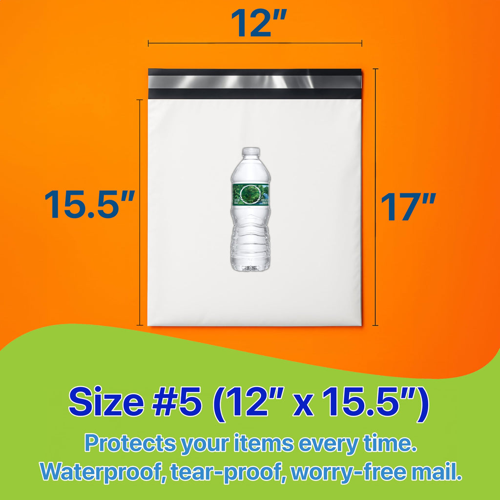 Pokanic Poly Mailers White Bags [Size #5] - [12" x 15.5"] x [100 Pack] 2 mil, Shipping Envelope Self-Sealing Envelopes Plastic Mailing Durable Water-Resistant Strong Adhesive