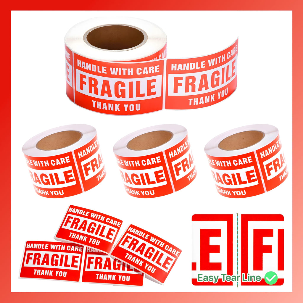 Pokanic Fragile x 500 Stickers Per Roll Handle with Care - Thank You Warning Red Permanent Adhesive Labels for Shipping Moving Packing