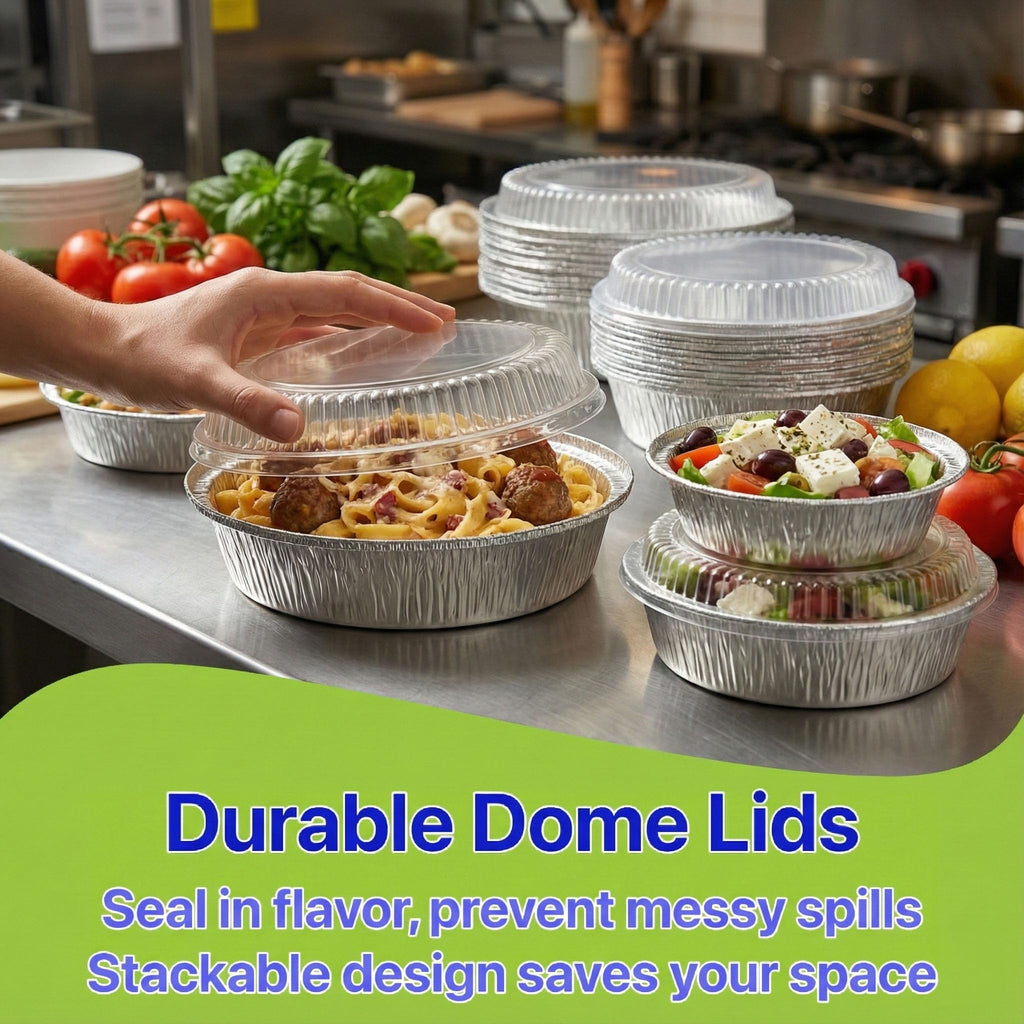 Pokanic Aluminum Foil Pans Round with Clear Dome Lids Recyclable Disposable Containers Straight Walls for Storing, Baking, Meal Prep & Reheating Freezer & Oven Safe