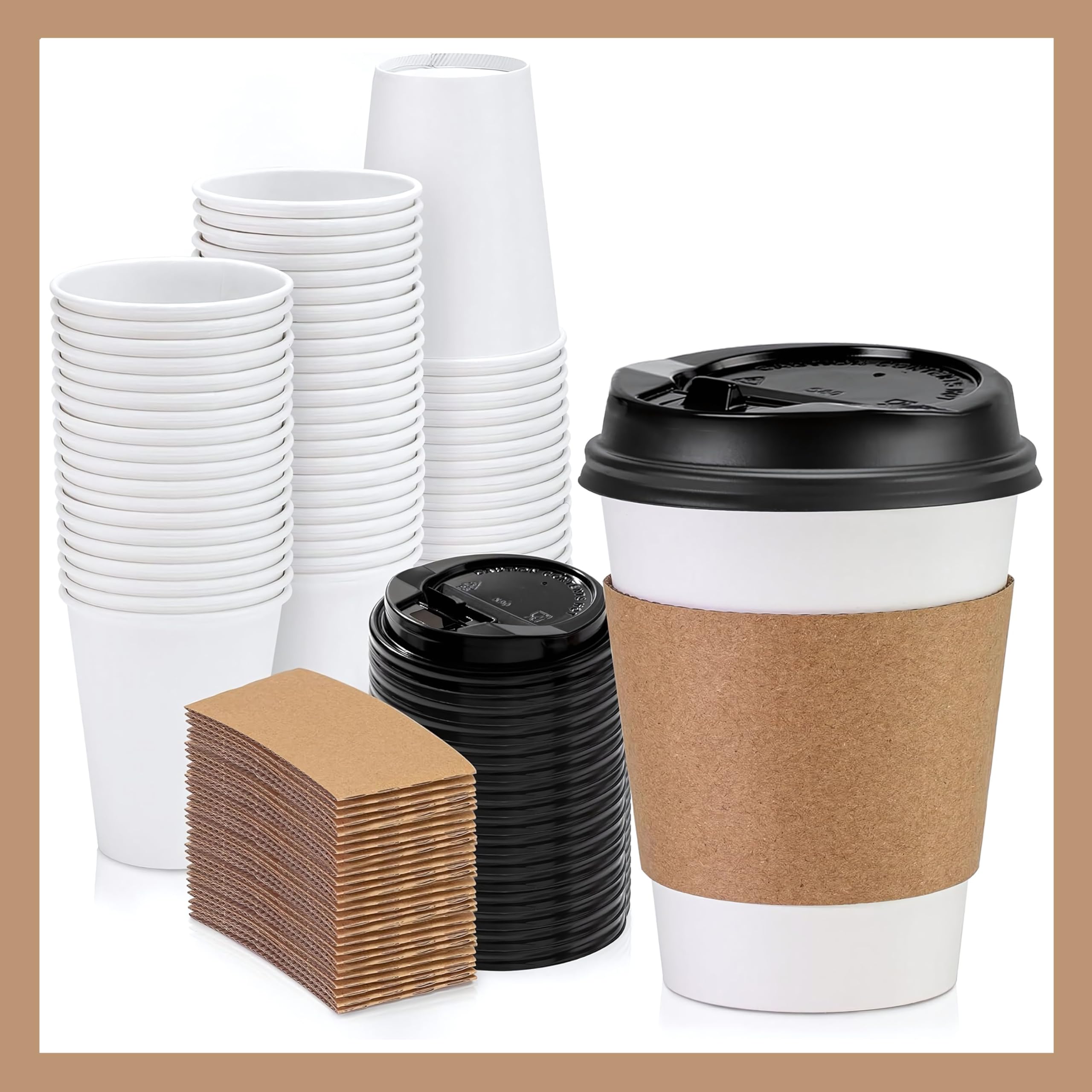 Pokanic Paper White Cups [ oz] with Lids and Sleeves x [10 Set] Disposable Hot Cold Coffee Water Beverage Drinking for School Office Home Kitchen Cafe Restaurant