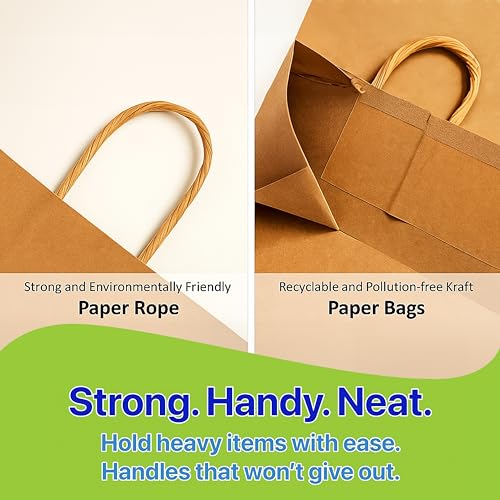 Pokanic Brown Kraft Paper Lunch Bags with Handles – [ Bags] x [ Inch] Reusable & Recyclable, Strong for Meal Prep, To-Go, Takeout, Parties & Small Business Use