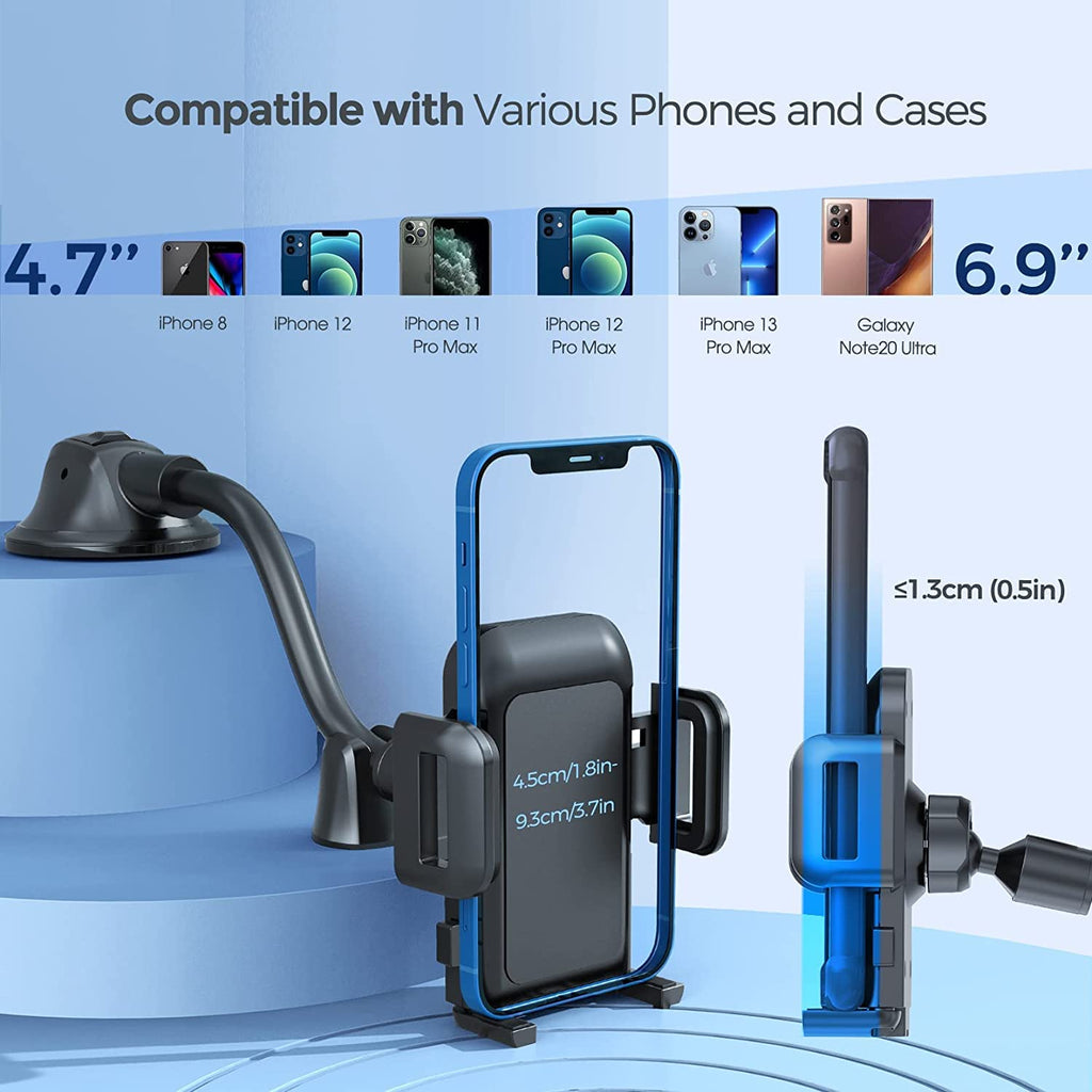 Pokanic Car Cell Phone Mount Adjustable 360 Rotation Stand Holder Three-Side Grips Design One Touch Clamp Compatible with iPhone Galaxy Note Pixel Universal