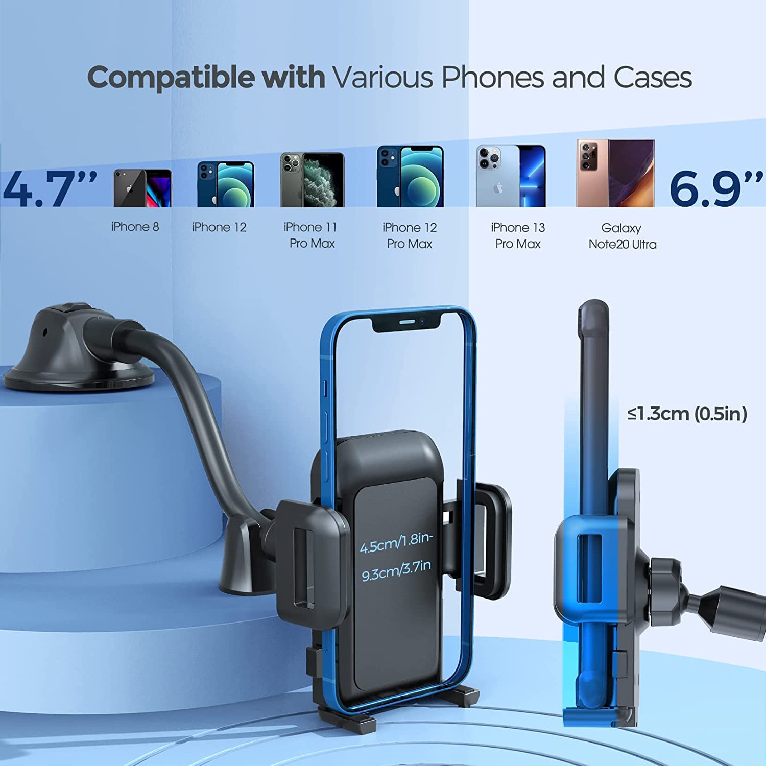 Pokanic Car Cell Phone Mount Adjustable 360 Rotation Stand Holder Three-Side Grips Design One Touch Clamp Compatible with iPhone Galaxy Note Pixel Universal