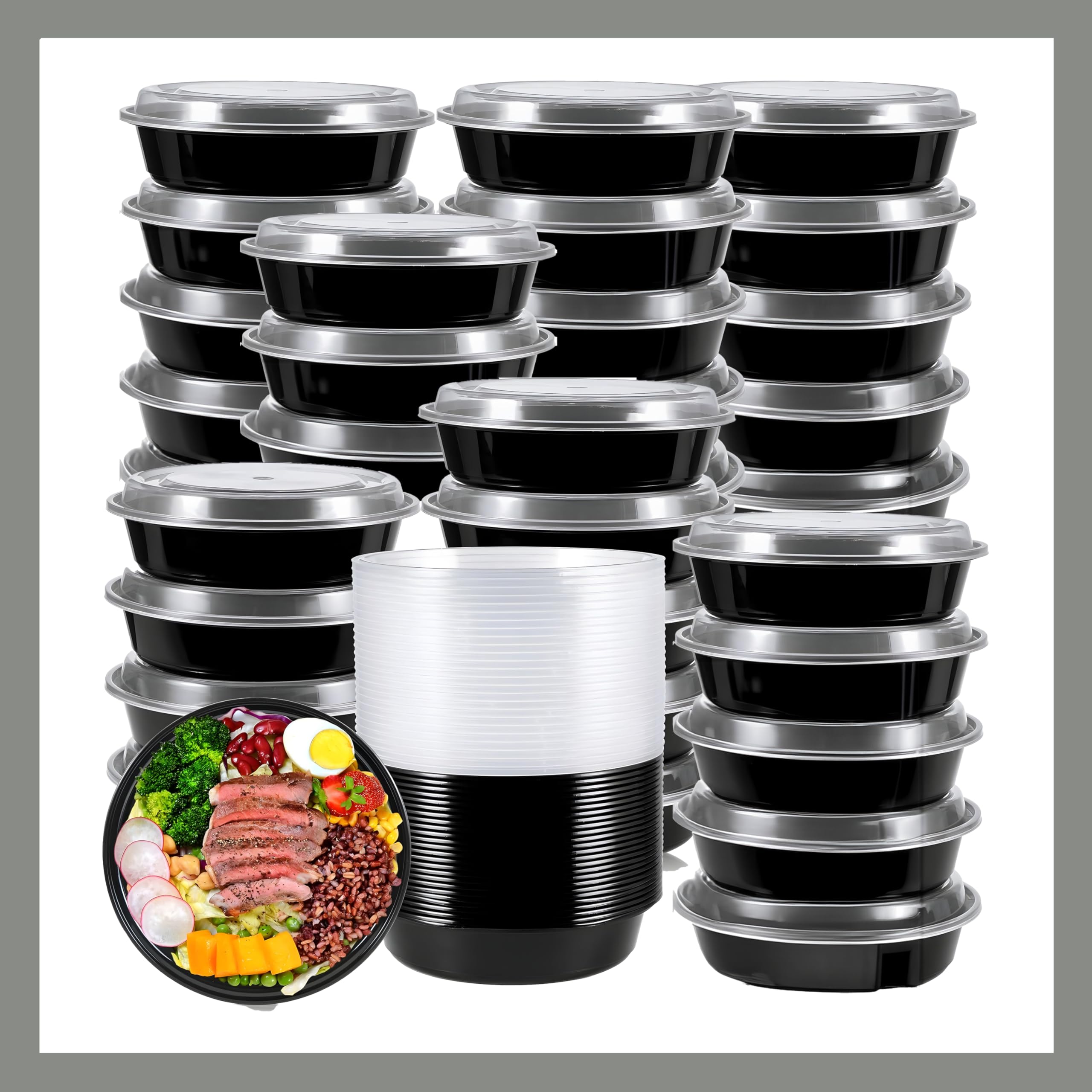 Pokanic Meal Prep Containers Round [ Set] x [ oz] with Lids, 1 compartment, Stackable, Reusable, Leakproof, Food Safe, Microwave, Freezer & Dishwasher Safe for Food Prep Storage
