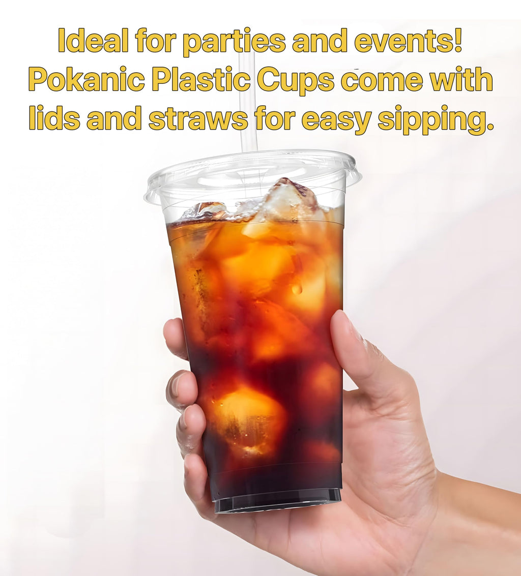 Pokanic Plastic Clear Cups [ oz] with Lids and Straws [ Set] Disposable Cold Beverage Drinking Iced Coffee Water Juice Tea Party Travel Cafe School Office Home Kitchen