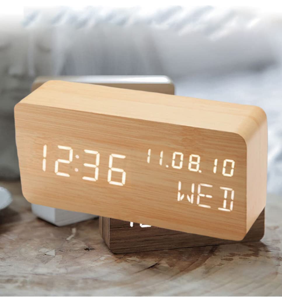 Pokanic Wood Digital Alarm Clock Desk Time, Date(MM/DD/YY), Day of The Week, Temperature, Nightlight Large LED Display Portable Lamp Bedroom, Office, School, Home, Livingroom, Room