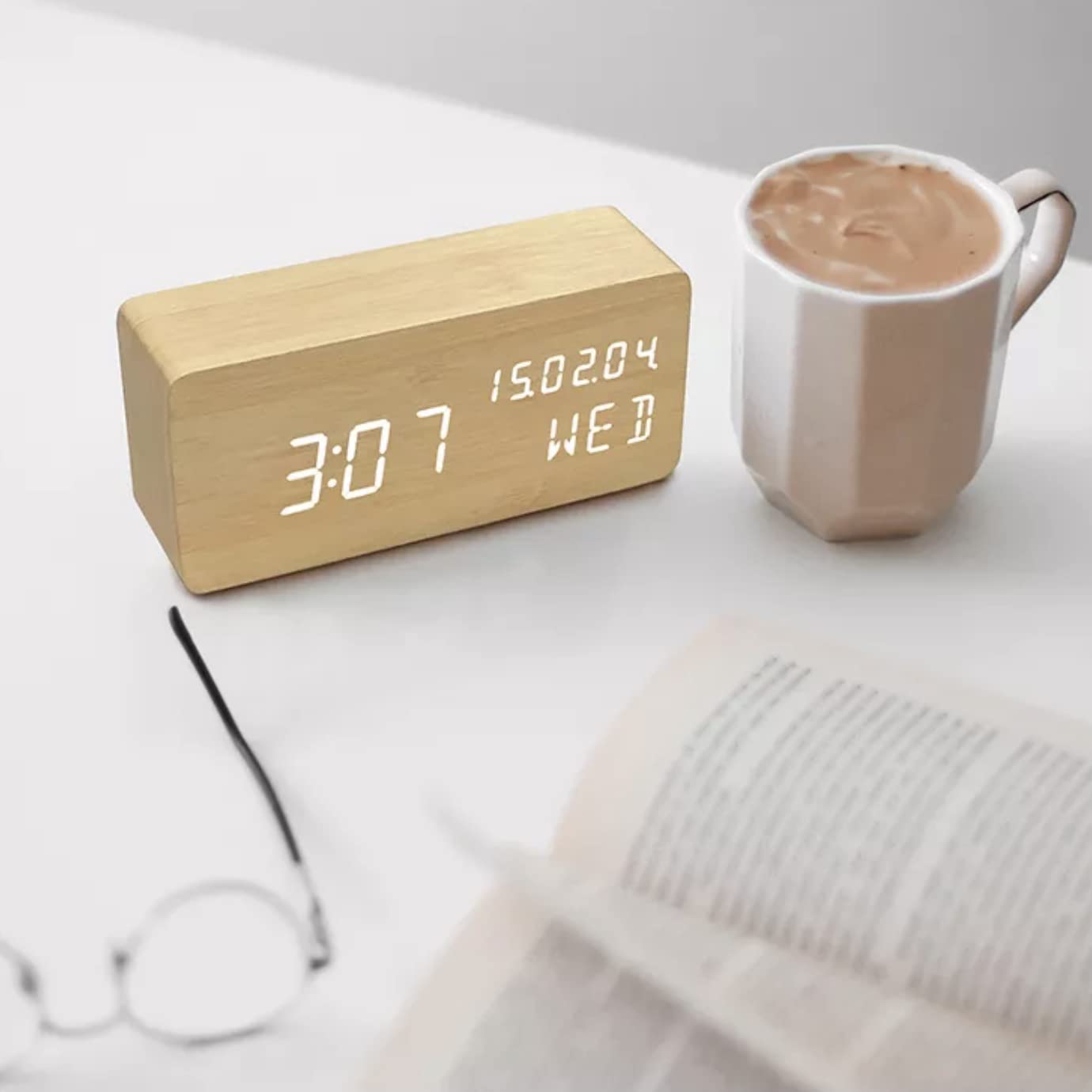Pokanic Wood Digital Alarm Clock Desk Time, Date(MM/DD/YY), Day of The Week, Temperature, Nightlight Large LED Display Portable Lamp Bedroom, Office, School, Home, Livingroom, Room