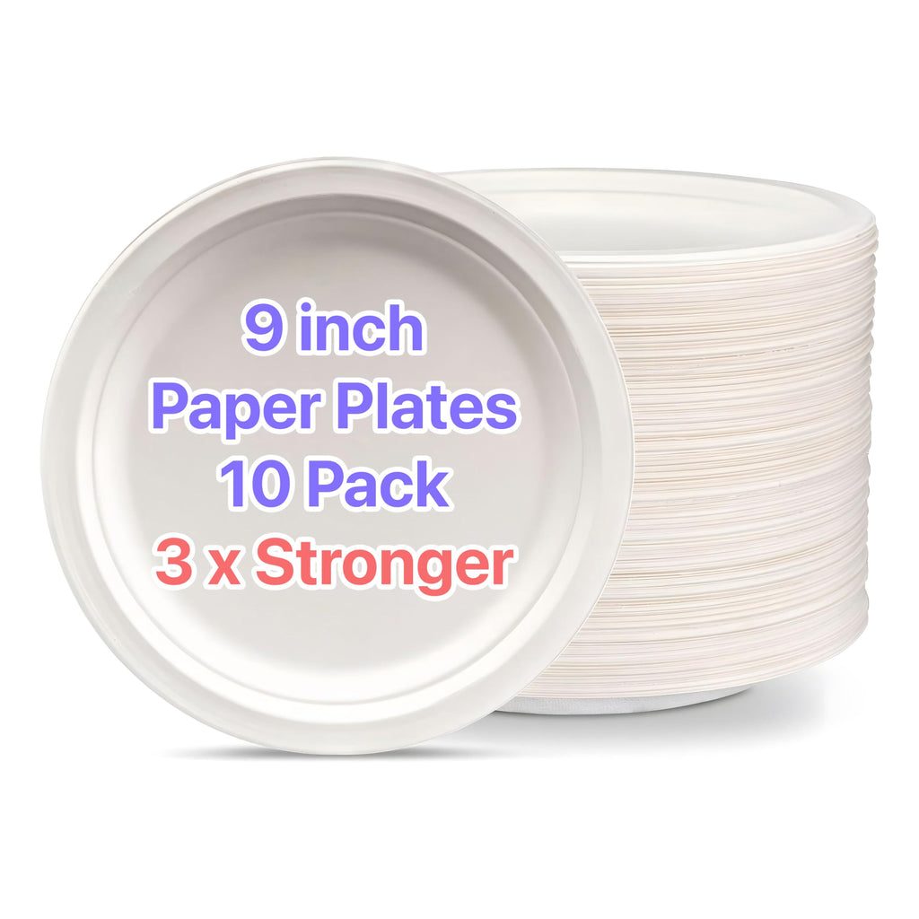 Pokanic Paper Plates White 9 inch - Pack Heavy-Duty 3 x Stronger Soak-Proof Cut Resistant Microwave-Safe 100% Compostable Eco-Friendly Biodegradable Disposable