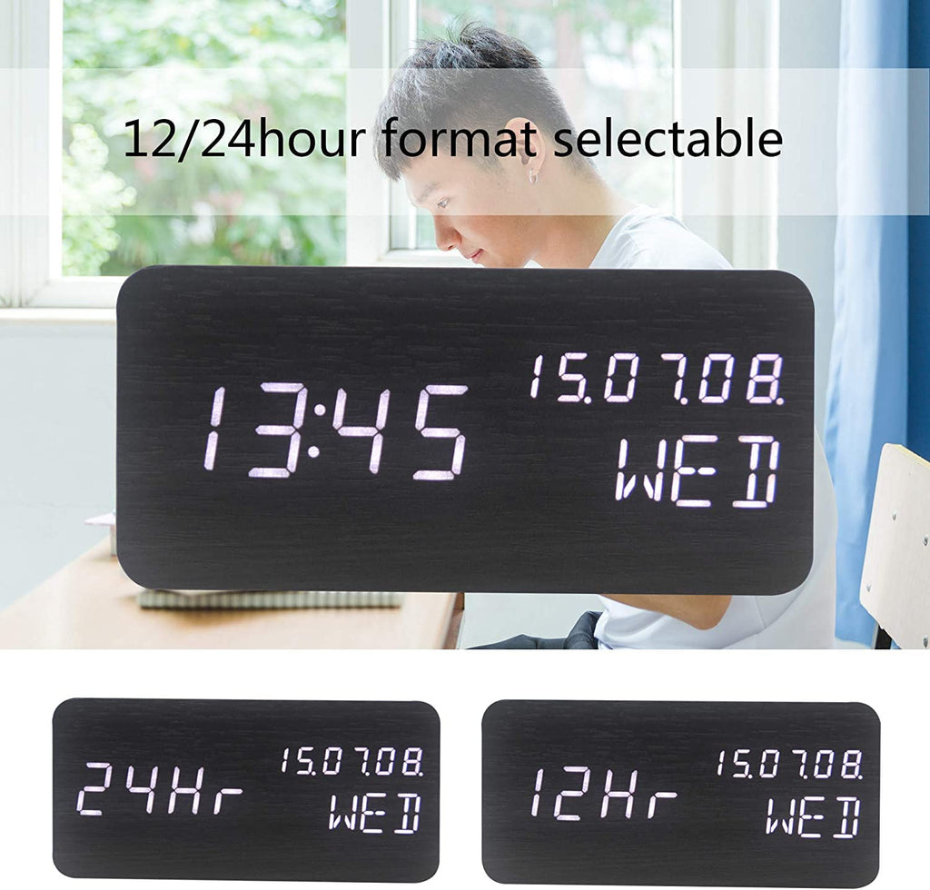 Pokanic Wood Digital Alarm Clock Desk Time, Date(MM/DD/YY), Day of The Week, Temperature, Nightlight Large LED Display Portable Lamp Bedroom, Office, School, Home, Livingroom, Room
