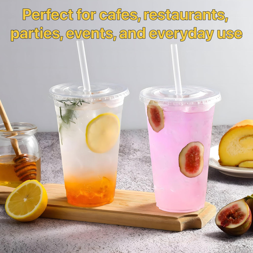 Pokanic Plastic Clear Cups [ oz] with Lids and Straws [ Set] Disposable Cold Beverage Drinking Iced Coffee Water Juice Tea Party Travel Cafe School Office Home Kitchen