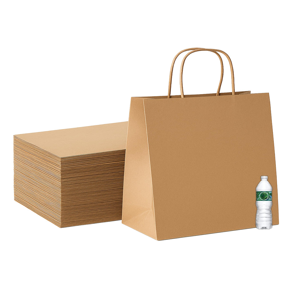 Pokanic Brown Kraft Paper Lunch Bags with Handles – [ Bags] x [ Inch] Reusable & Recyclable, Strong for Meal Prep, To-Go, Takeout, Parties & Small Business Use