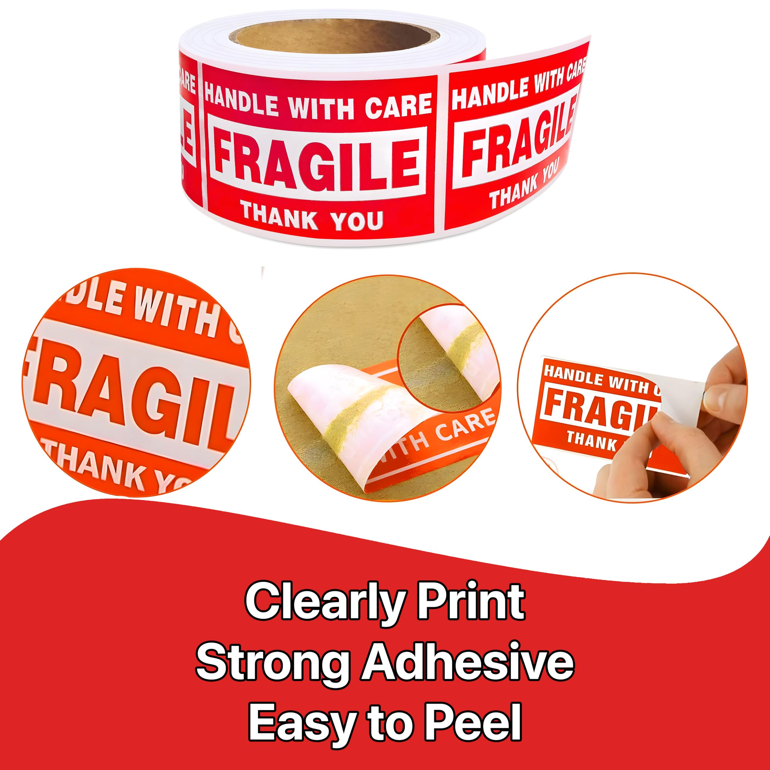 Pokanic Fragile x 500 Stickers Per Roll Handle with Care - Thank You Warning Red Permanent Adhesive Labels for Shipping Moving Packing