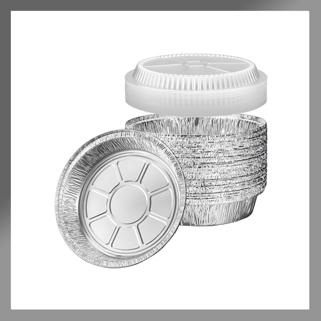 Pokanic Aluminum Foil Pans Round with Clear Dome Lids Recyclable Disposable Containers Straight Walls for Storing, Baking, Meal Prep & Reheating Freezer & Oven Safe