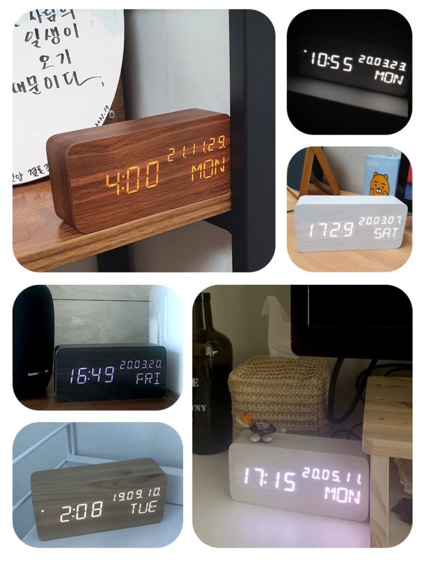 Pokanic Wood Digital Alarm Clock Desk Time, Date(MM/DD/YY), Day of The Week, Temperature, Nightlight Large LED Display Portable Lamp Bedroom, Office, School, Home, Livingroom, Room