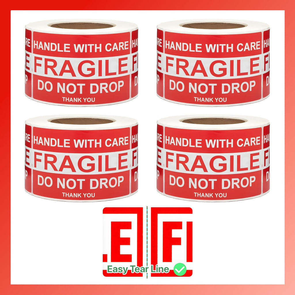 Pokanic Fragile x 500 Stickers Per Roll Handle with Care - Thank You Warning Red Permanent Adhesive Labels for Shipping Moving Packing