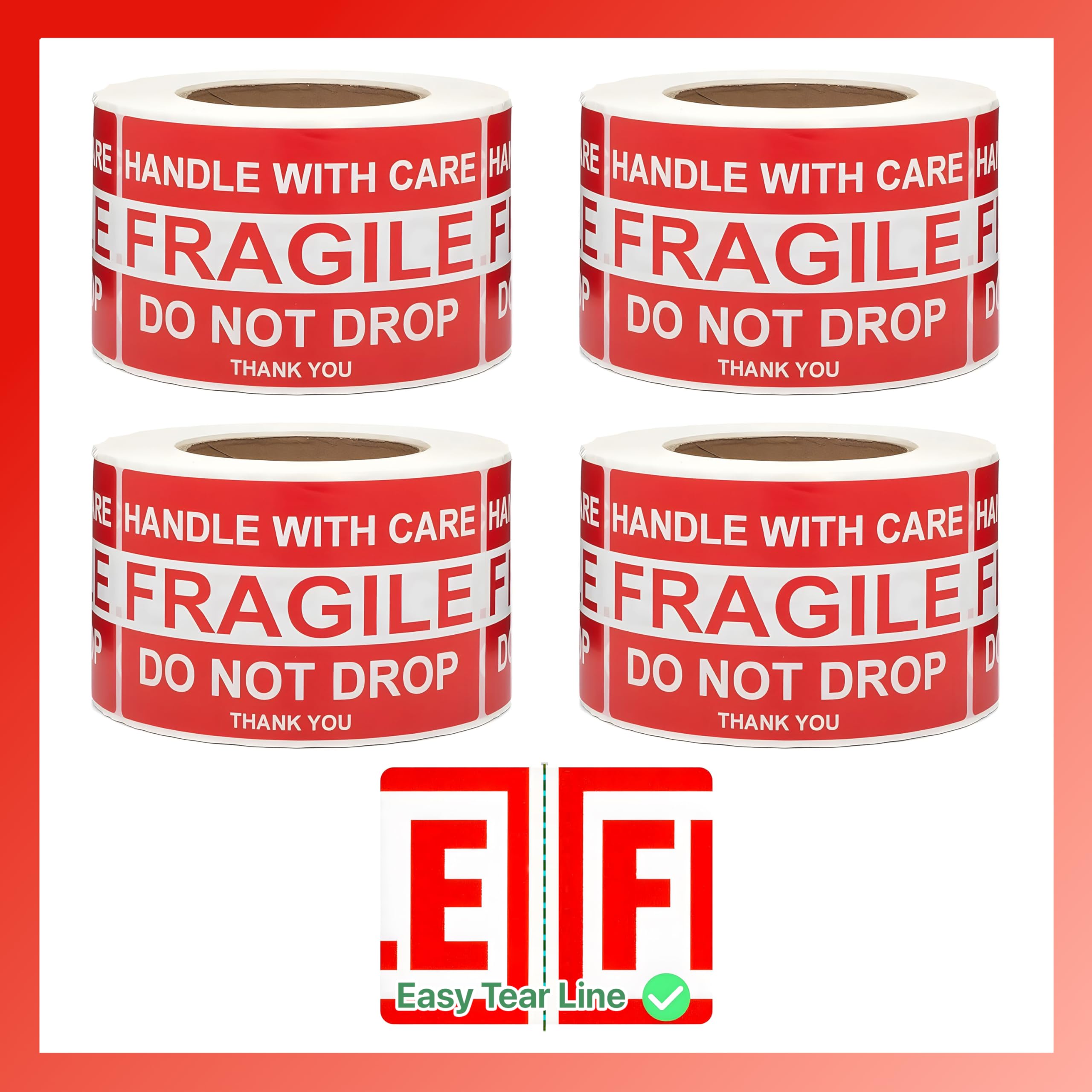 Pokanic Fragile x 500 Stickers Per Roll Handle with Care - Thank You Warning Red Permanent Adhesive Labels for Shipping Moving Packing