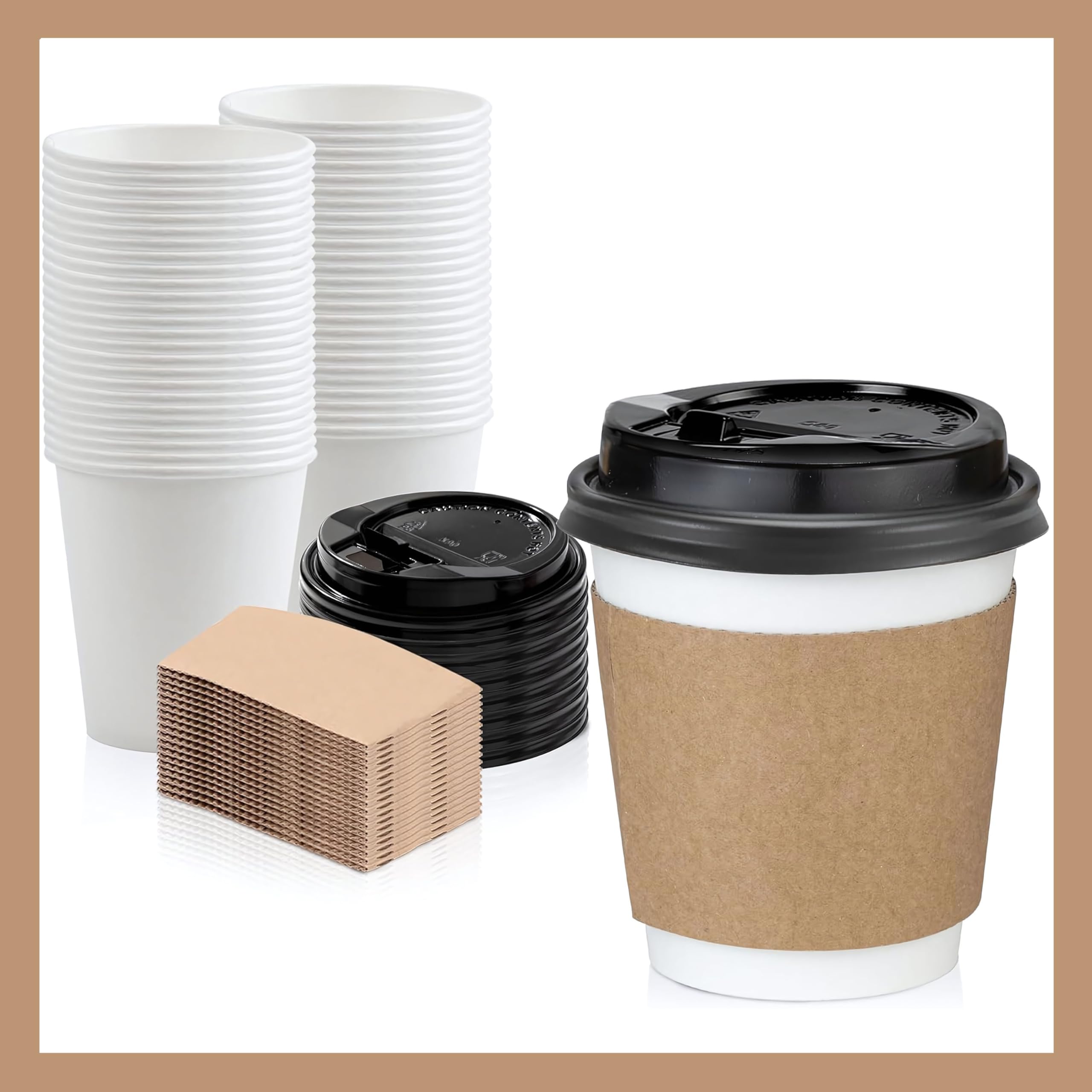 Pokanic Paper White Cups [ oz] with Lids and Sleeves x [10 Set] Disposable Hot Cold Coffee Water Beverage Drinking for School Office Home Kitchen Cafe Restaurant