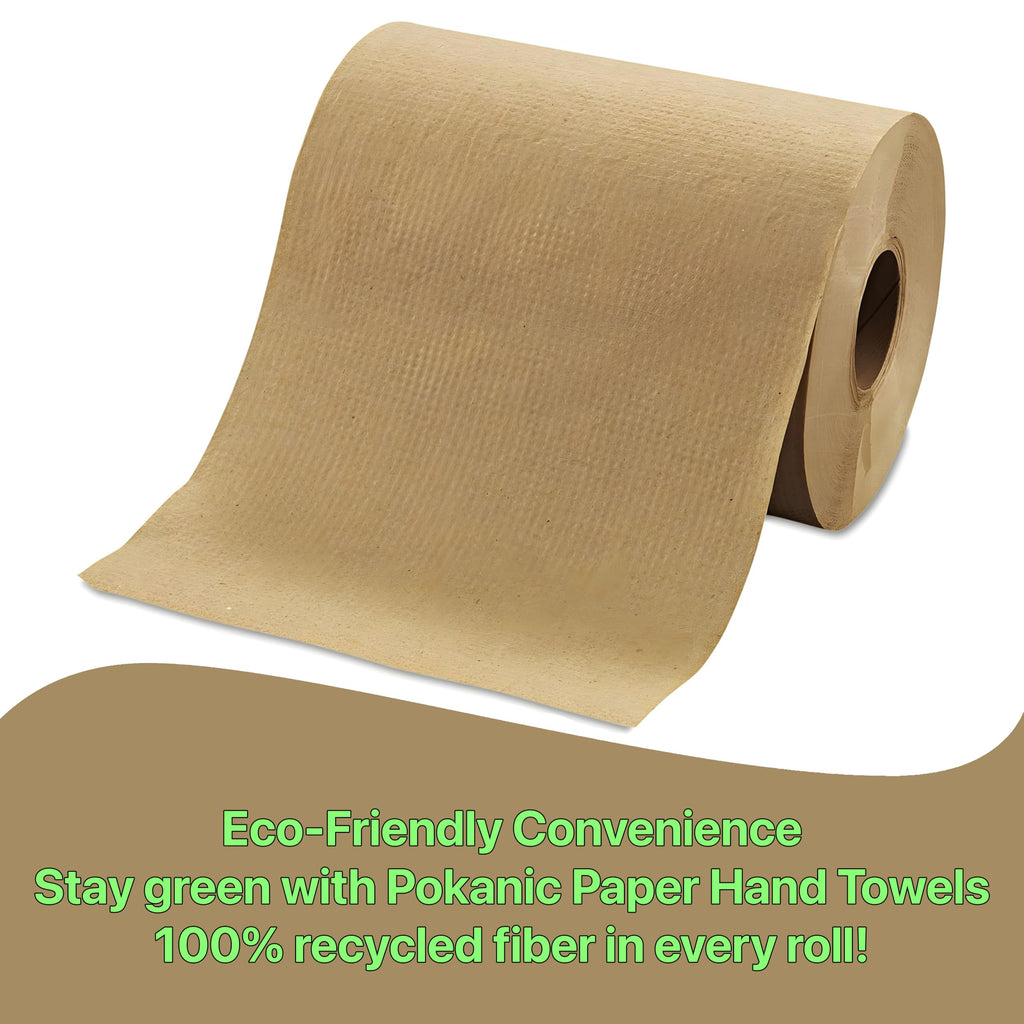 Pokanic Paper Hand Towel 6 Rolls Natural Brown 8" 350 ft 1 Ply Hardwound Universal 100% Recycled Fiber Compatible with Tork Dispensers Restrooms Kitchen