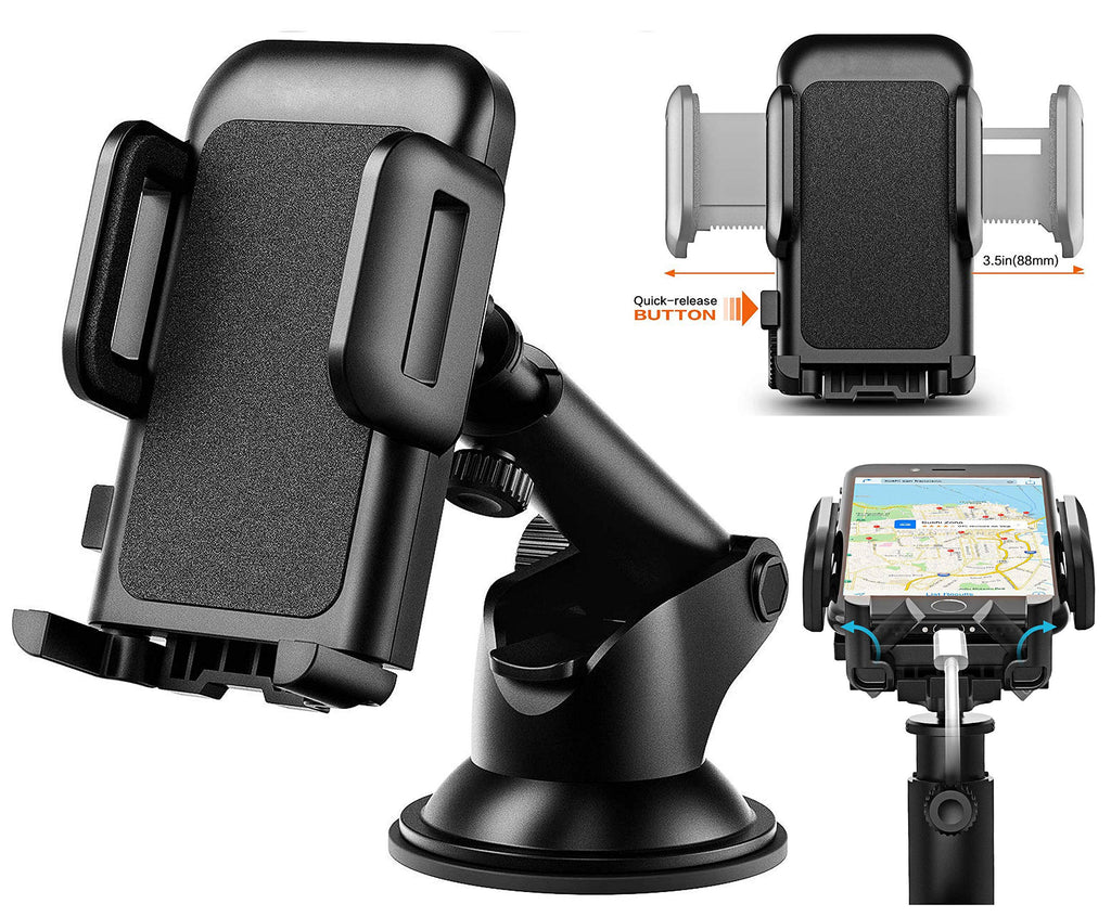 Pokanic Car Cell Phone Mount Adjustable 360 Rotation Stand Holder Three-Side Grips Design One Touch Clamp Compatible with iPhone Galaxy Note Pixel Universal