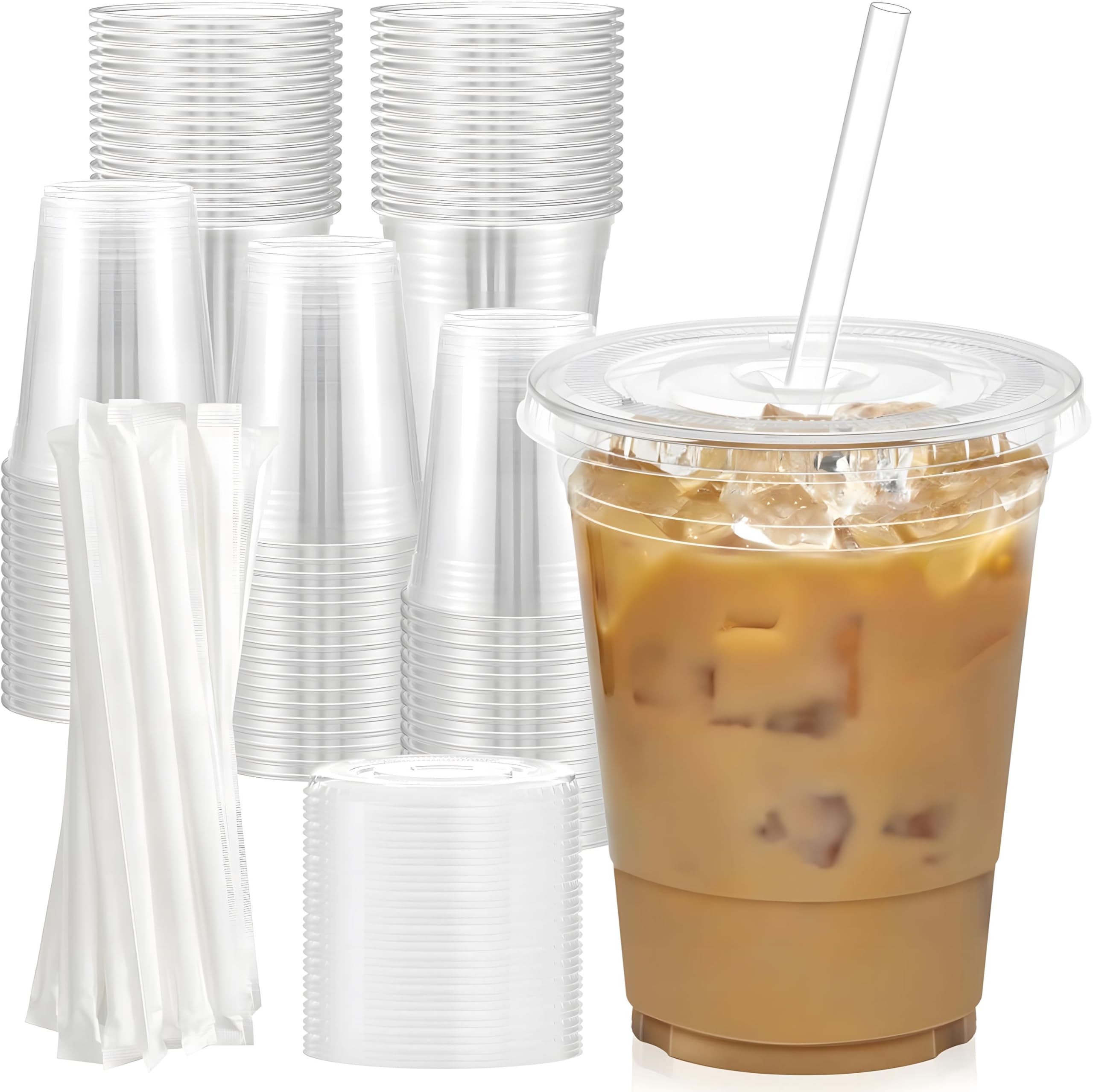 Pokanic Plastic Clear Cups [ oz] with Lids and Straws [ Set] Disposable Cold Beverage Drinking Iced Coffee Water Juice Tea Party Travel Cafe School Office Home Kitchen