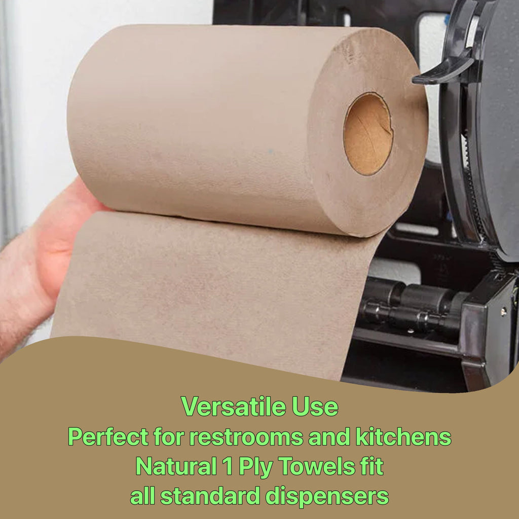 Pokanic Paper Hand Towel 6 Rolls Natural Brown 8" 350 ft 1 Ply Hardwound Universal 100% Recycled Fiber Compatible with Tork Dispensers Restrooms Kitchen