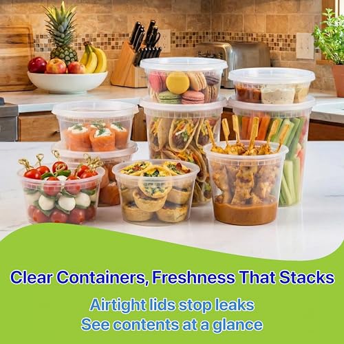 Pokanic Food Storage Containers [50 Set] 16 oz Plastic Deli Containers with Lids Slime Soup Meal Prep Containers | BPA Free | Stackable | Leakproof | Microwave/Dishwasher/Freezer Safe