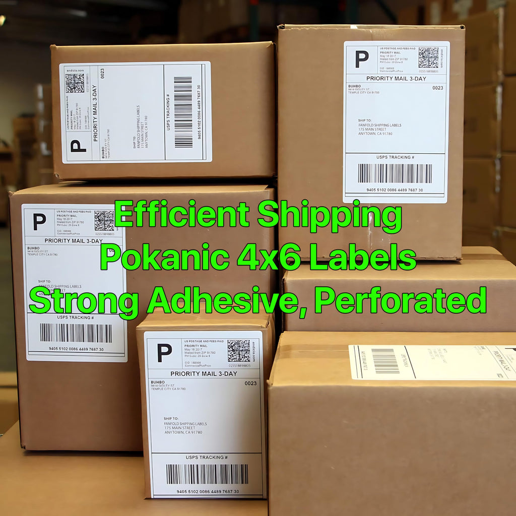 Pokanic Fanfold 4 x 6 inch Thermal Labels Stack Direct White Strong Adhesive Perforated Postage Shipping Printer Compatible with Zebra SNBC Epson Rollo