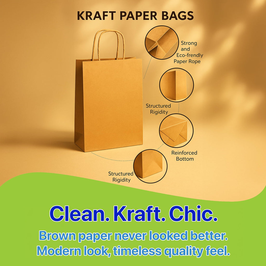 Pokanic Brown Kraft Paper Lunch Bags with Handles – [ Bags] x [ Inch] Reusable & Recyclable, Strong for Meal Prep, To-Go, Takeout, Parties & Small Business Use