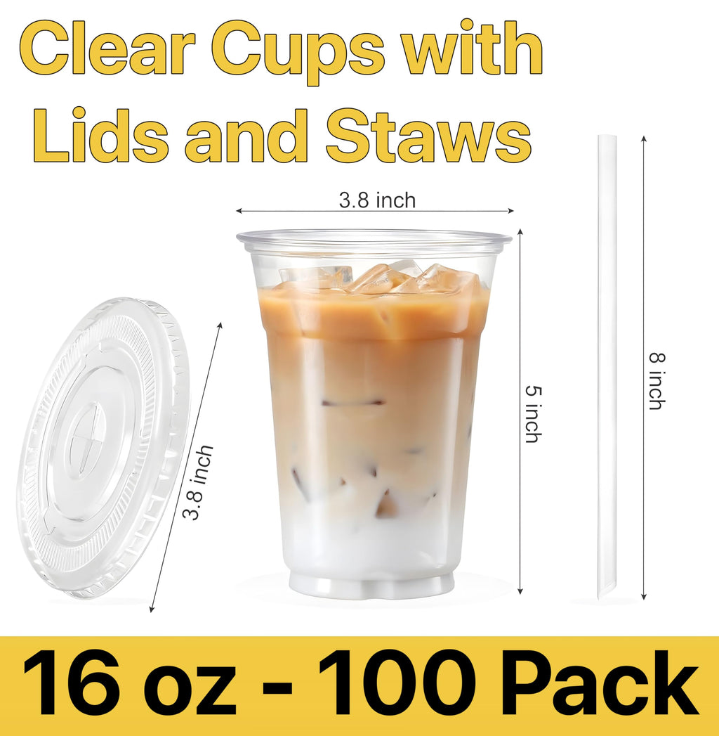 Pokanic Plastic Clear Cups [ oz] with Lids and Straws [ Set] Disposable Cold Beverage Drinking Iced Coffee Water Juice Tea Party Travel Cafe School Office Home Kitchen
