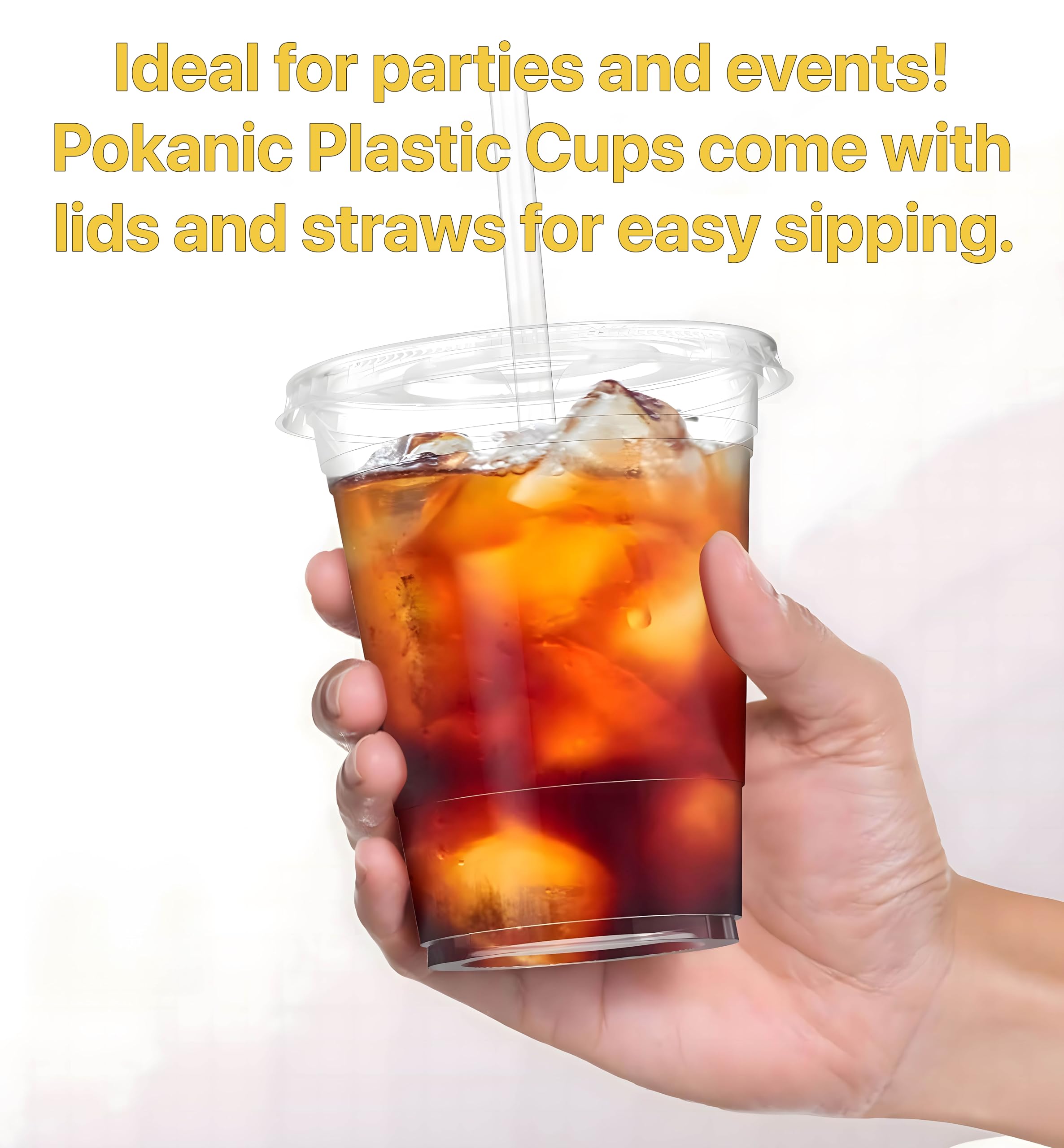 Pokanic Plastic Clear Cups [ oz] with Lids and Straws [ Set] Disposable Cold Beverage Drinking Iced Coffee Water Juice Tea Party Travel Cafe School Office Home Kitchen