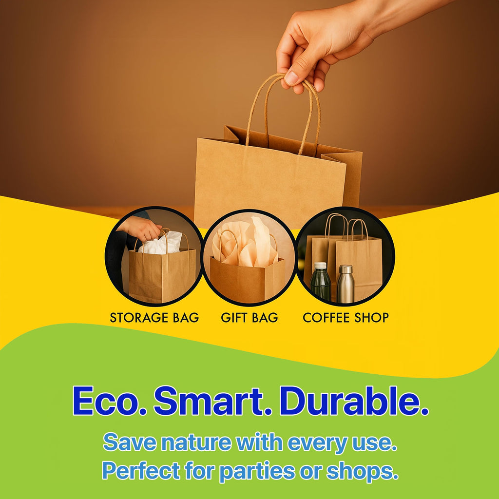 Pokanic Brown Kraft Paper Lunch Bags with Handles – [ Bags] x [ Inch] Reusable & Recyclable, Strong for Meal Prep, To-Go, Takeout, Parties & Small Business Use