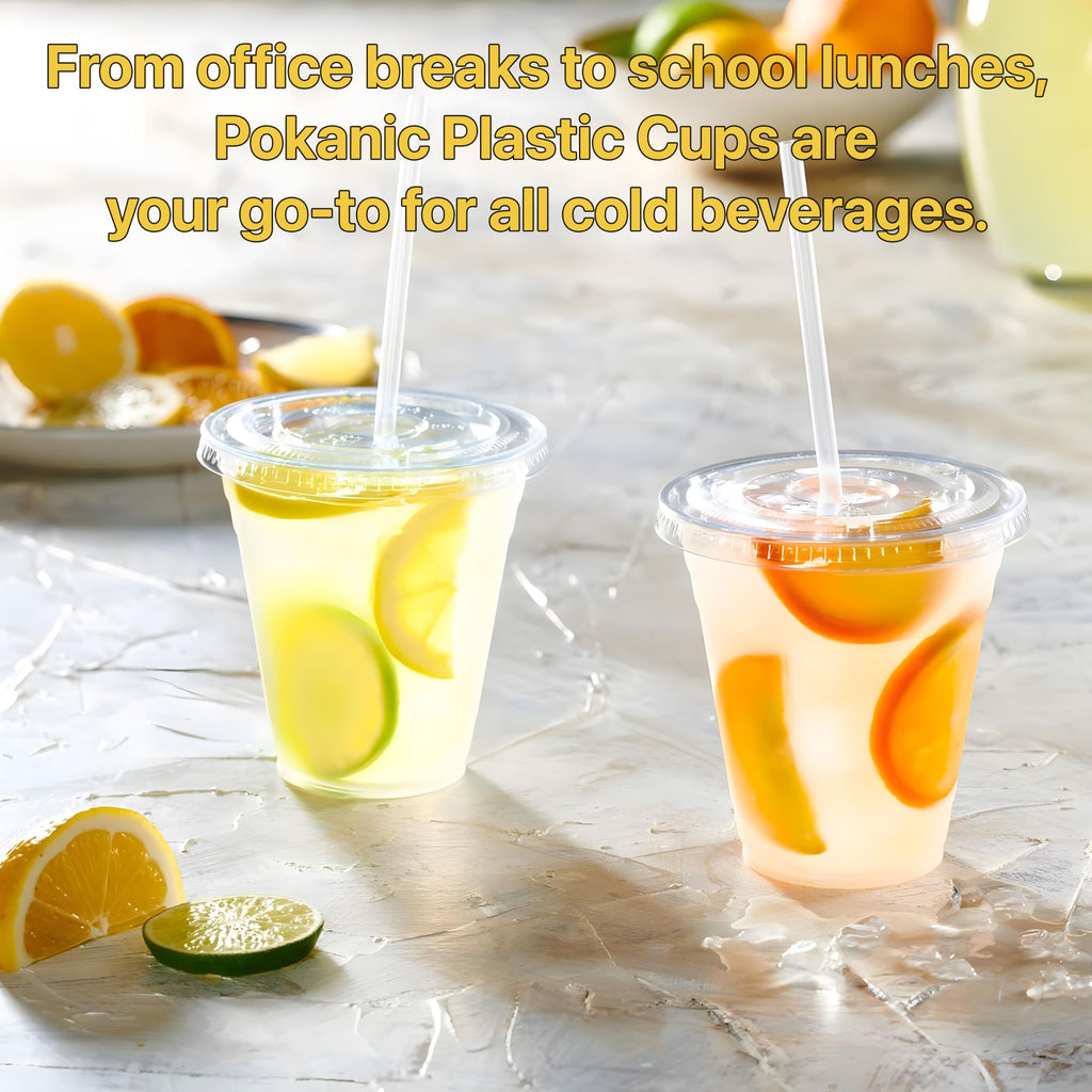 Pokanic Plastic Clear Cups [ oz] with Lids and Straws [ Set] Disposable Cold Beverage Drinking Iced Coffee Water Juice Tea Party Travel Cafe School Office Home Kitchen