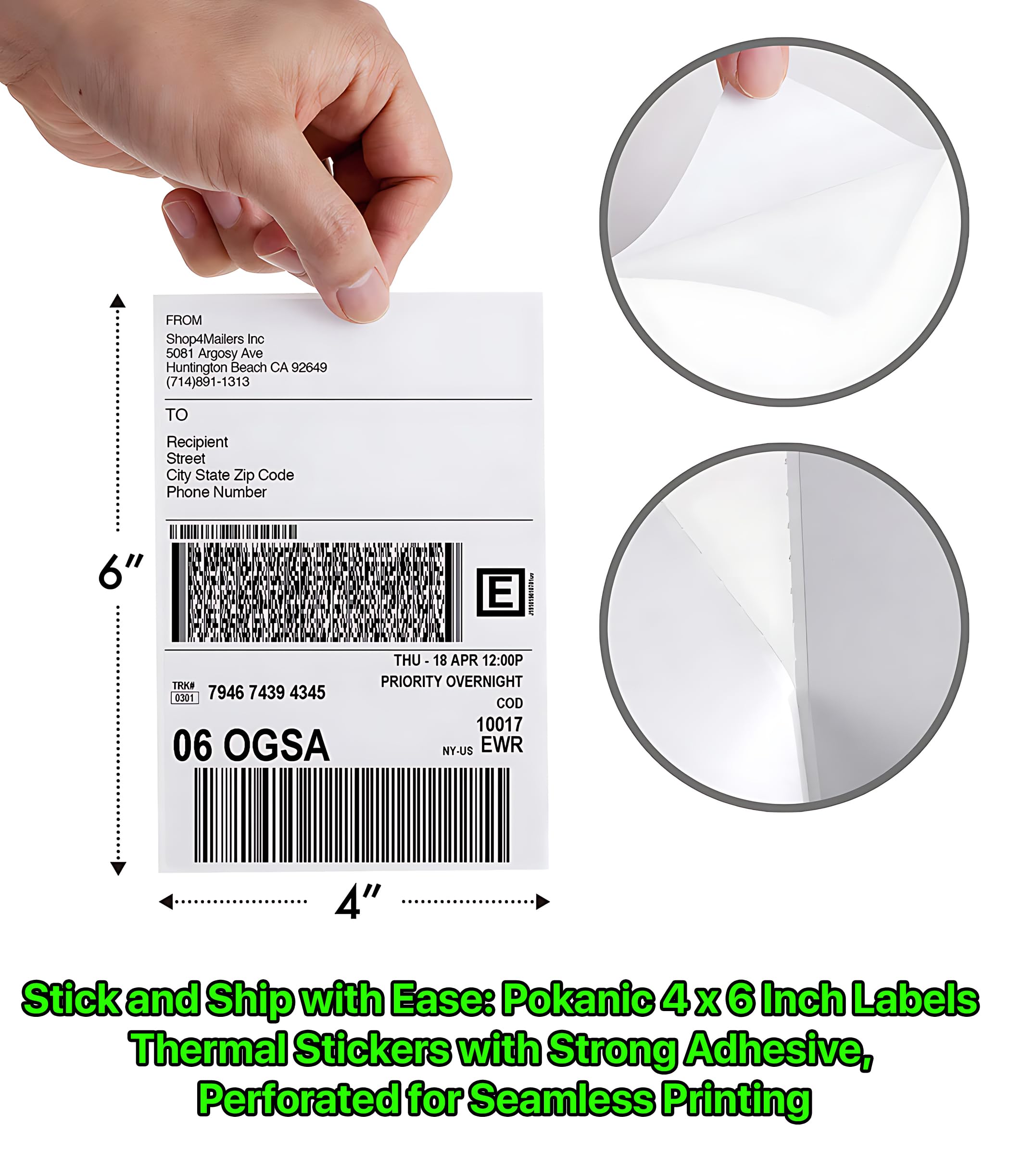 Pokanic Fanfold 4 x 6 inch Thermal Labels Stack Direct White Strong Adhesive Perforated Postage Shipping Printer Compatible with Zebra SNBC Epson Rollo