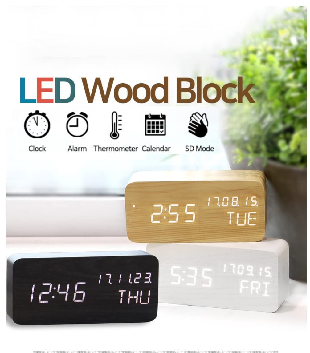 Pokanic Wood Digital Alarm Clock Desk Time, Date(MM/DD/YY), Day of The Week, Temperature, Nightlight Large LED Display Portable Lamp Bedroom, Office, School, Home, Livingroom, Room