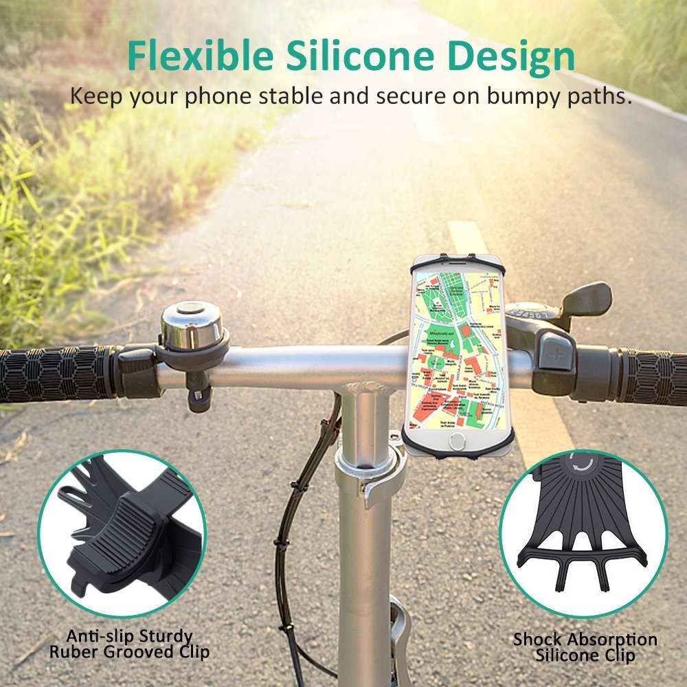 Pokanic Bike Cell Phone Mount, Silicone Bike Bicycle Motorcycle MTB Stroller Handlebar, Universal Cycling Holder Fits 360° Rotation Compatible with All Apple iPhone Samsung Galaxy, Google Pixel