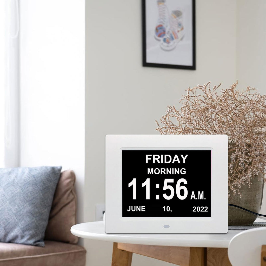 Pokanic Digital Calendar Date Multi Alarm Clock 8 inch Large Display Auto-Dimming Electic Desk Table Wall Mount Office, Home, Kitchen, Room, School, Bedroom, Living Room