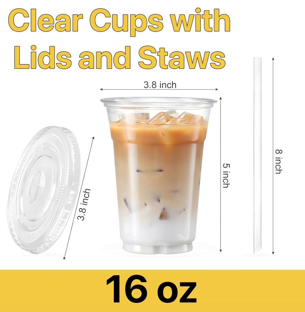 Pokanic Plastic Clear Cups [ oz] with Lids and Straws [ Set] Disposable Cold Beverage Drinking Iced Coffee Water Juice Tea Party Travel Cafe School Office Home Kitchen