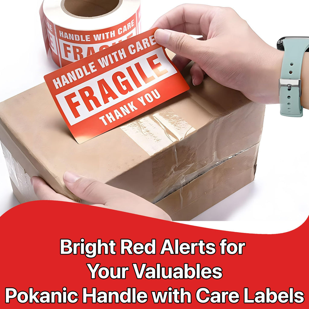 Pokanic Fragile x 500 Stickers Per Roll Handle with Care - Thank You Warning Red Permanent Adhesive Labels for Shipping Moving Packing