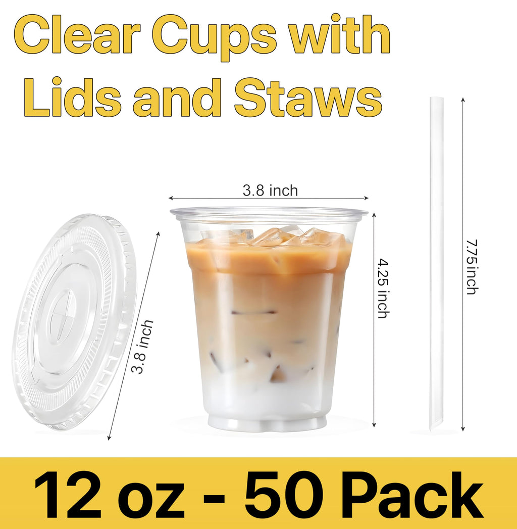 Pokanic Plastic Clear Cups [ oz] with Lids and Straws [ Set] Disposable Cold Beverage Drinking Iced Coffee Water Juice Tea Party Travel Cafe School Office Home Kitchen