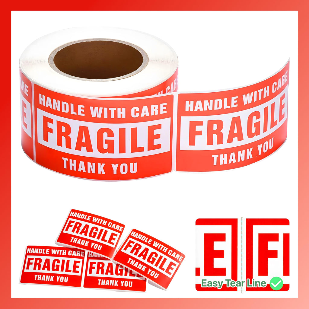 Pokanic Fragile x 500 Stickers Per Roll Handle with Care - Thank You Warning Red Permanent Adhesive Labels for Shipping Moving Packing